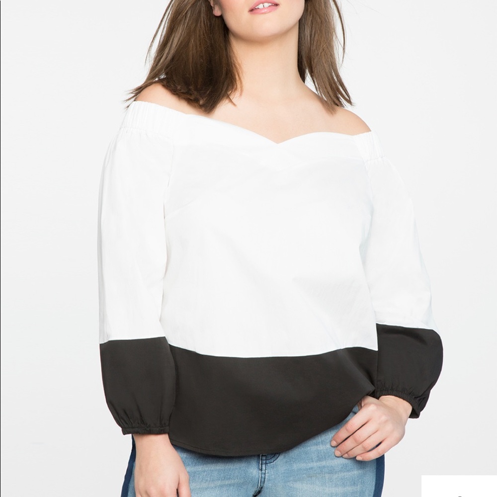 Eloquii V-Neck Off the Shoulder White & Black Top